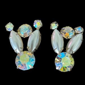 Vintage Signed Coro Faux Pearl Gray Navettes & AB Rhinestone Clip On Earrings